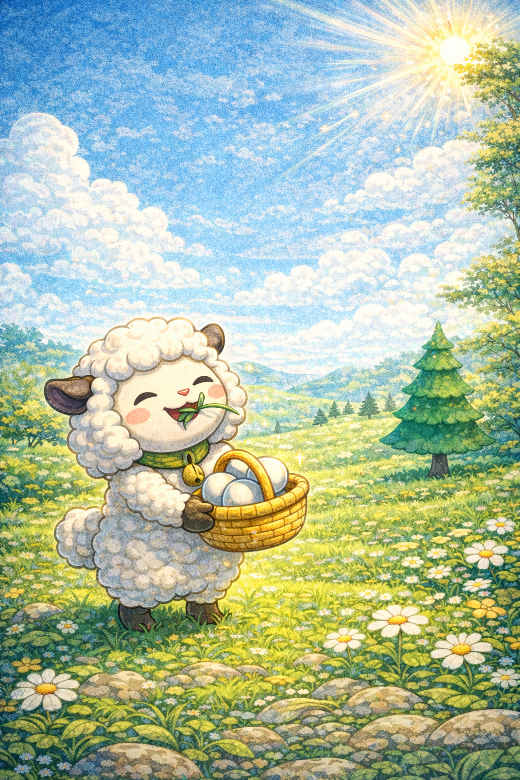 양이 달걀 바구니를 들고 꽃밭을 걷는 장면